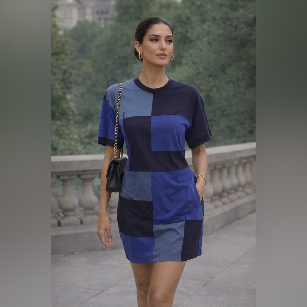 Derek Lam 10 Crosby Blue Patchwork T-Shirt Dress